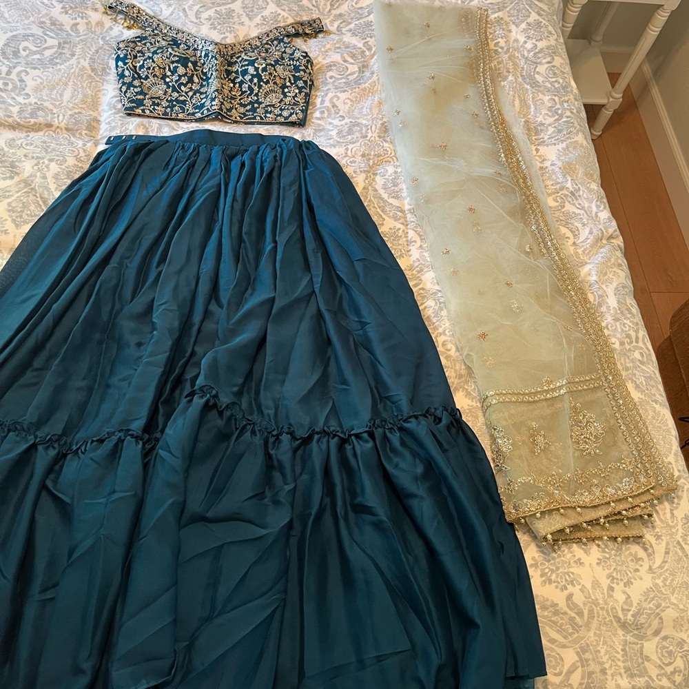 Teal and Gold Embroidered Lehenga Set